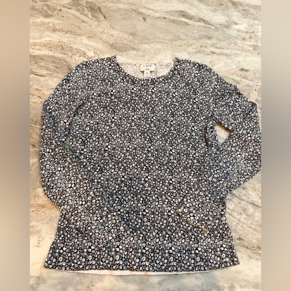 J.Crew Teddie Floral Knit Top XS Navy White Long Sleeve